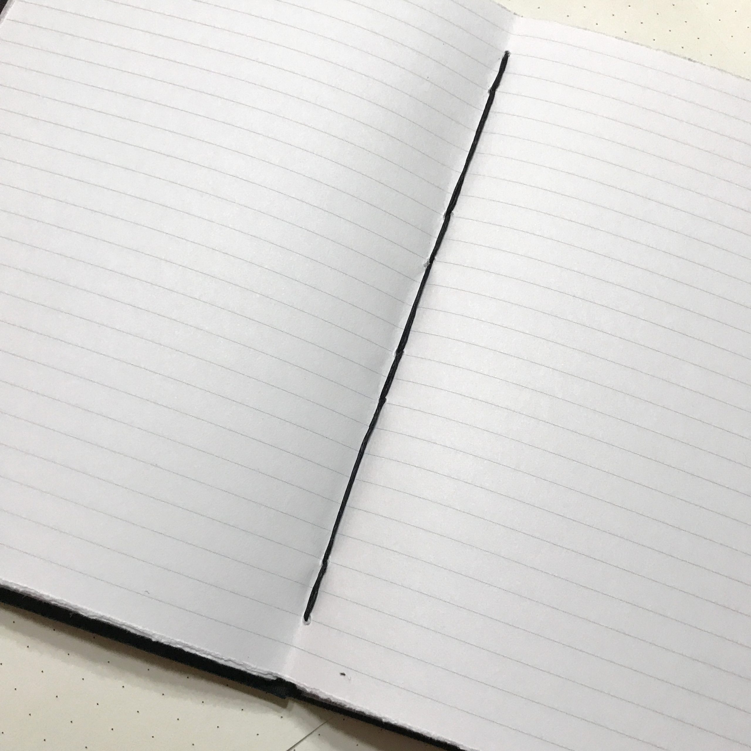 Inside pages of journal with black cover and embossed compass design