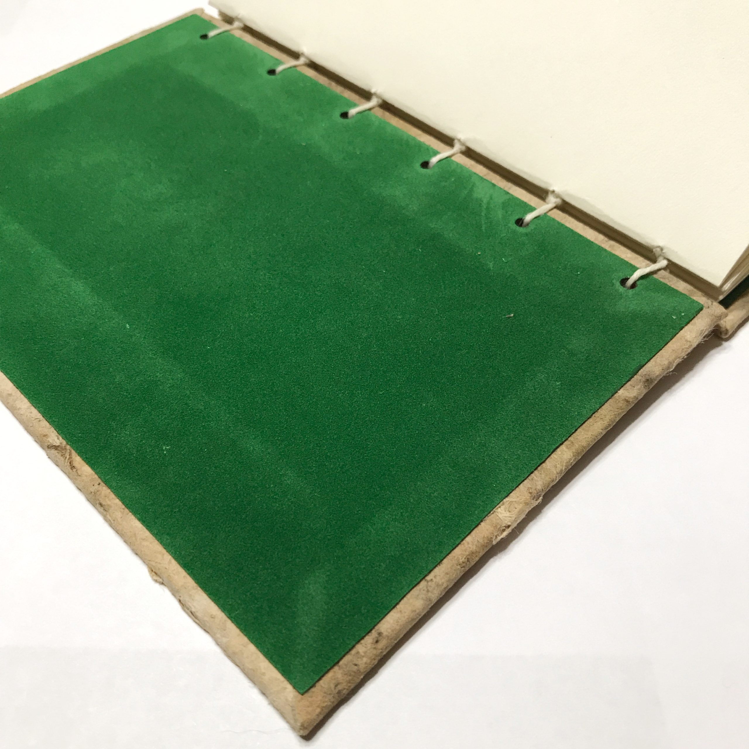 Inside cover of natural bark cover sketchbook with green velvet