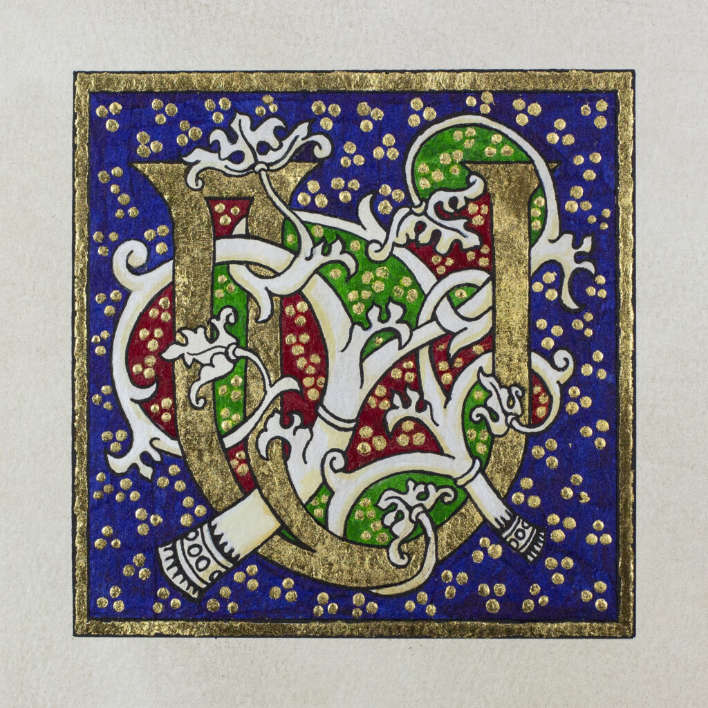 Renaissance White Vine Inspired U | Ink, Gouache, and Gold Leaf on Paper | 4" x 4" | 2021