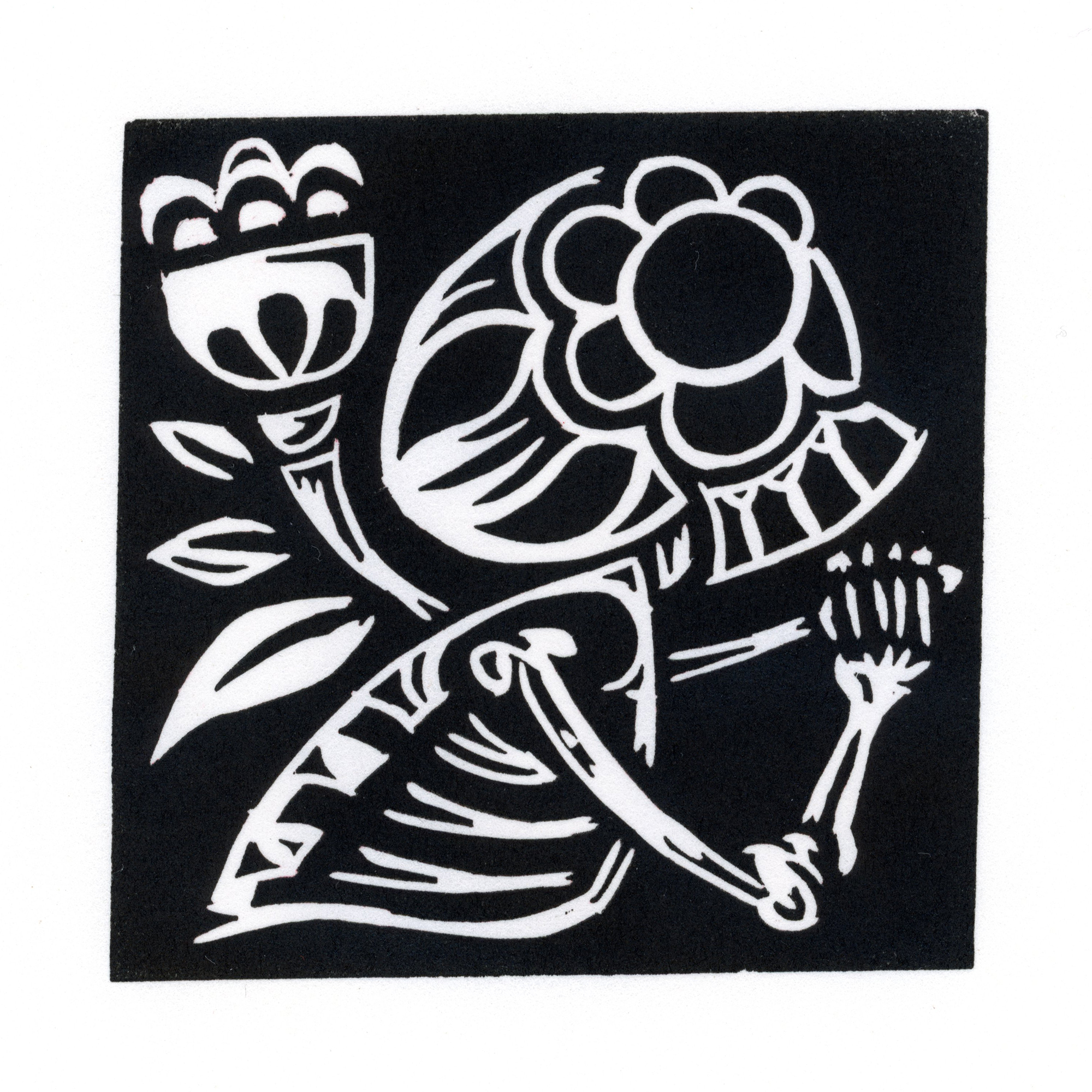 Skeleton with Flower black ink on white paper.