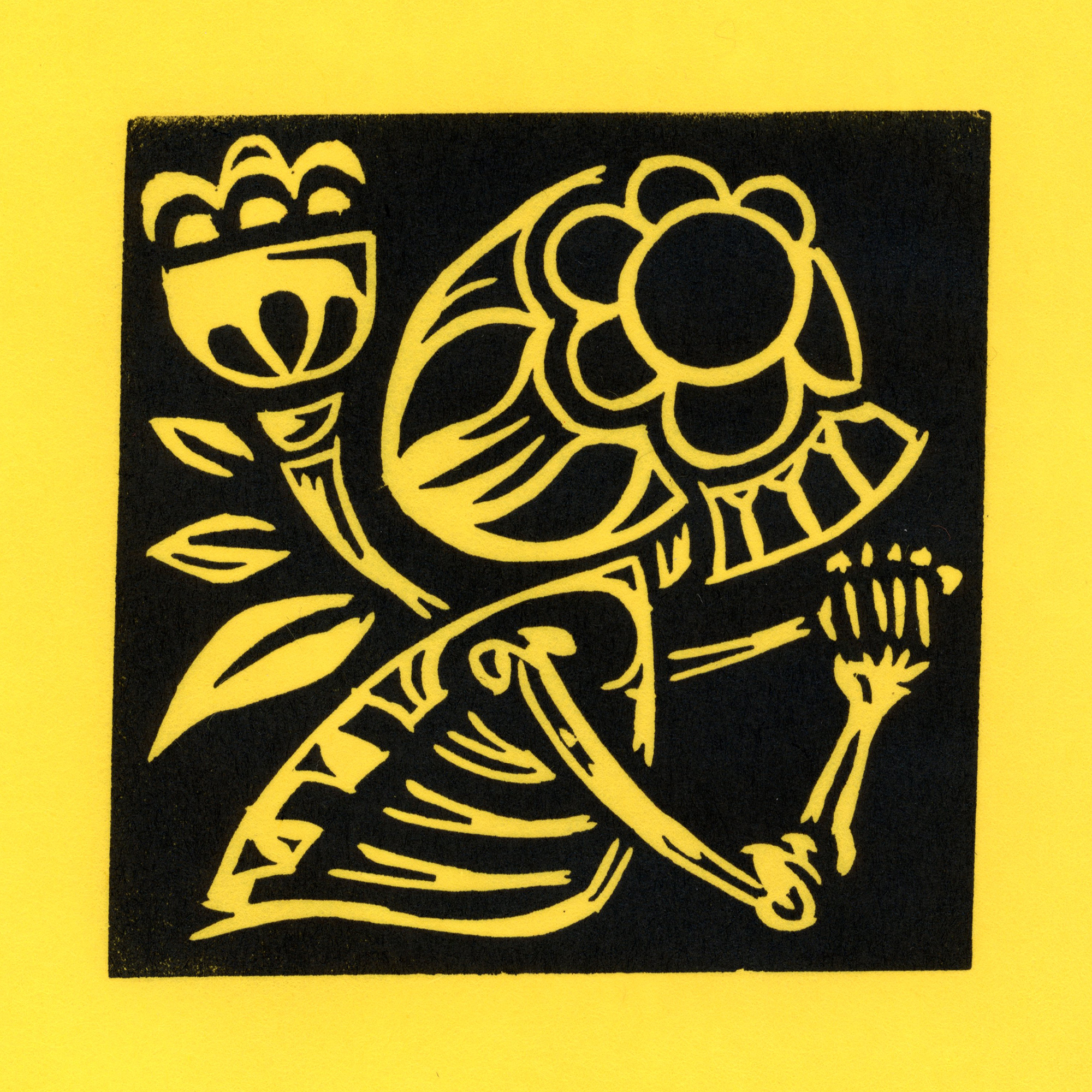 Skeleton with Flower black ink on yellow paper.