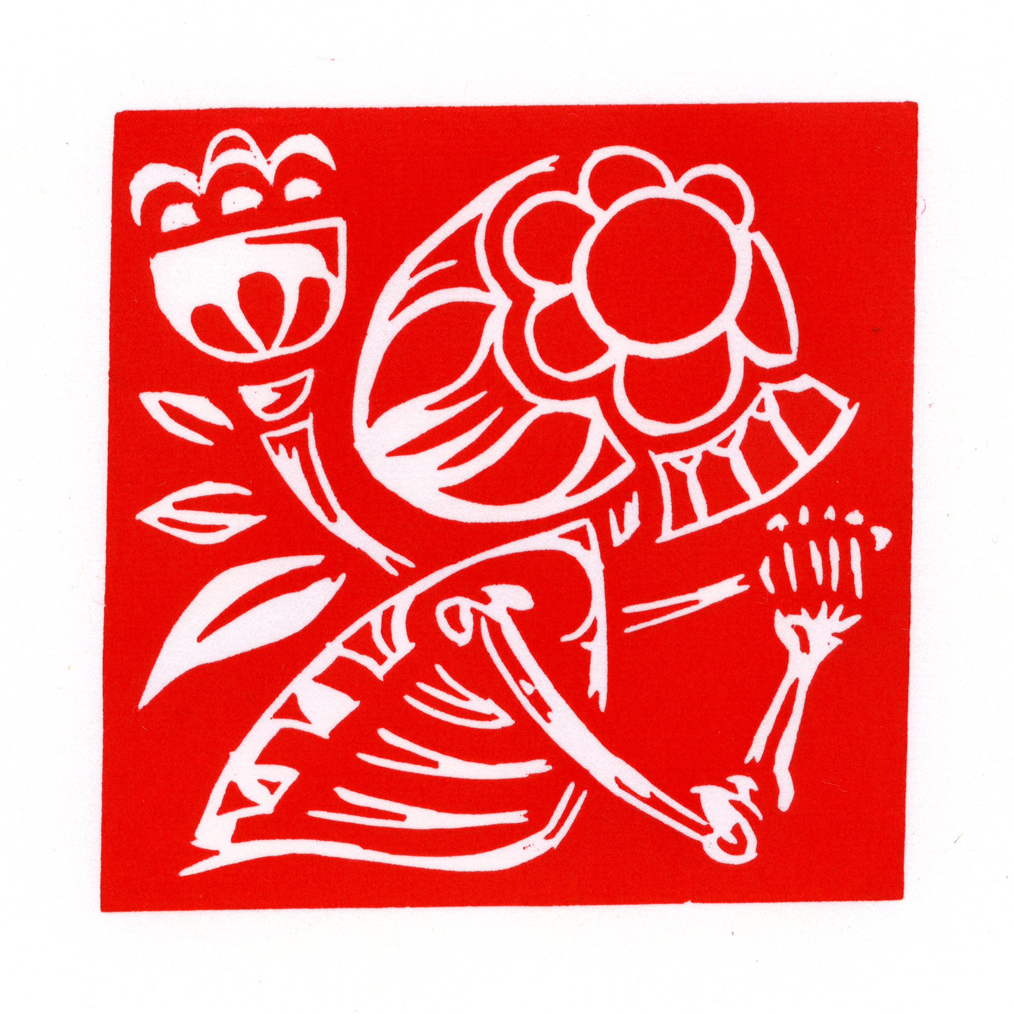 Skeleton with Flower red ink on white paper.