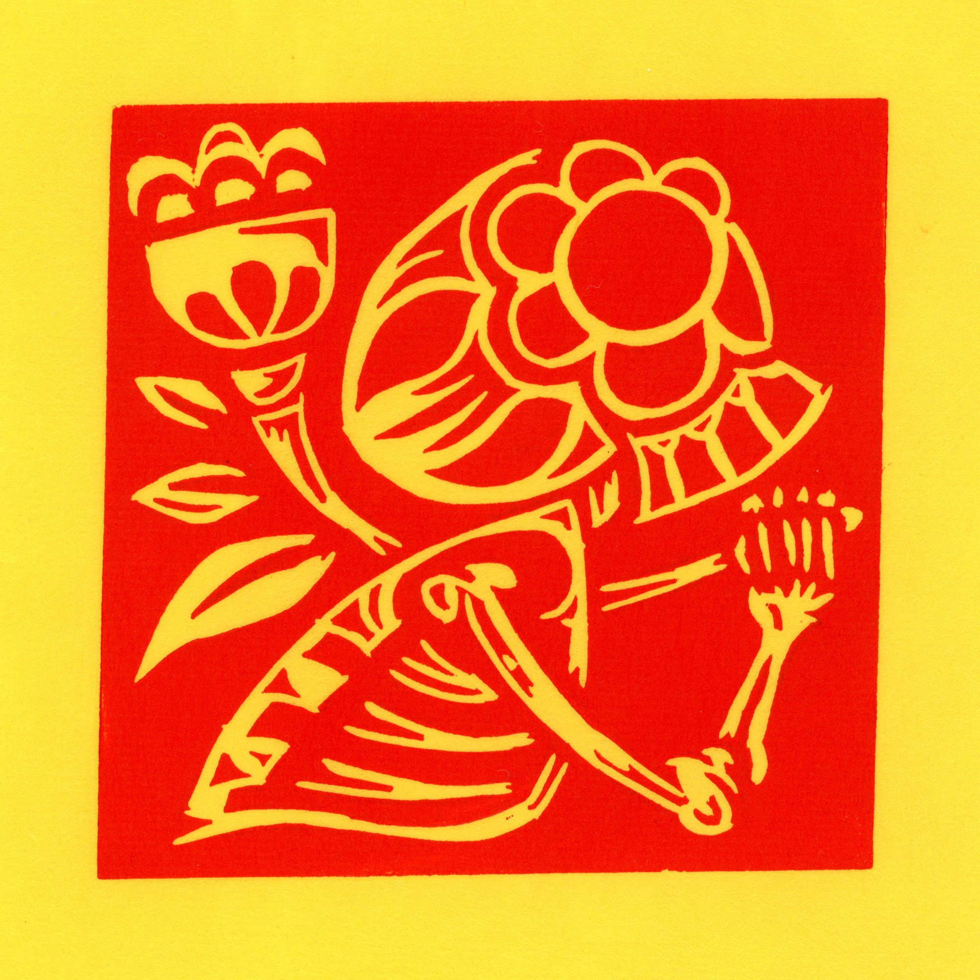 Skeleton with Flower red ink on yellow paper.
