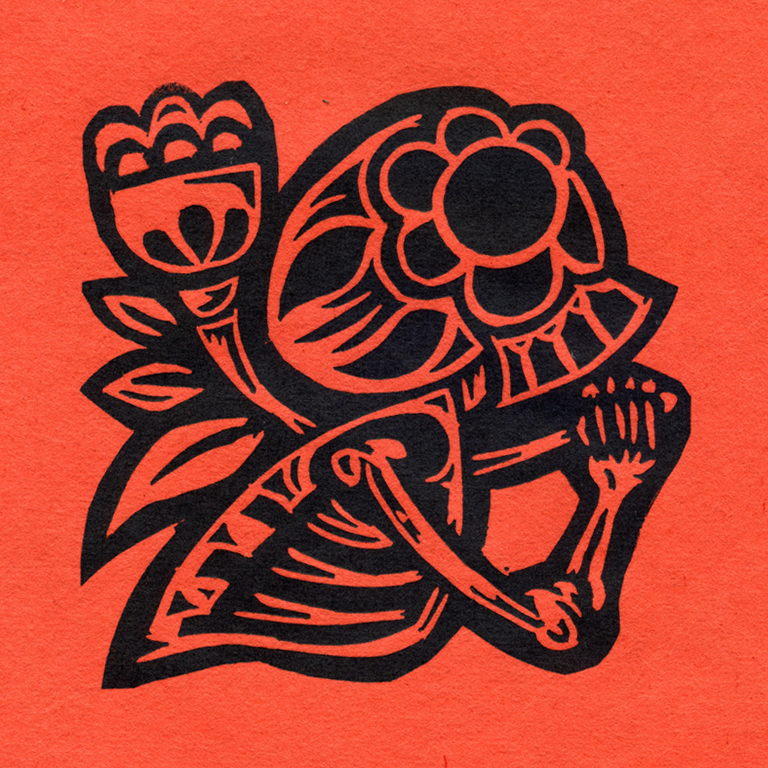 Skeleton with Flower contour cut black ink on red paper.