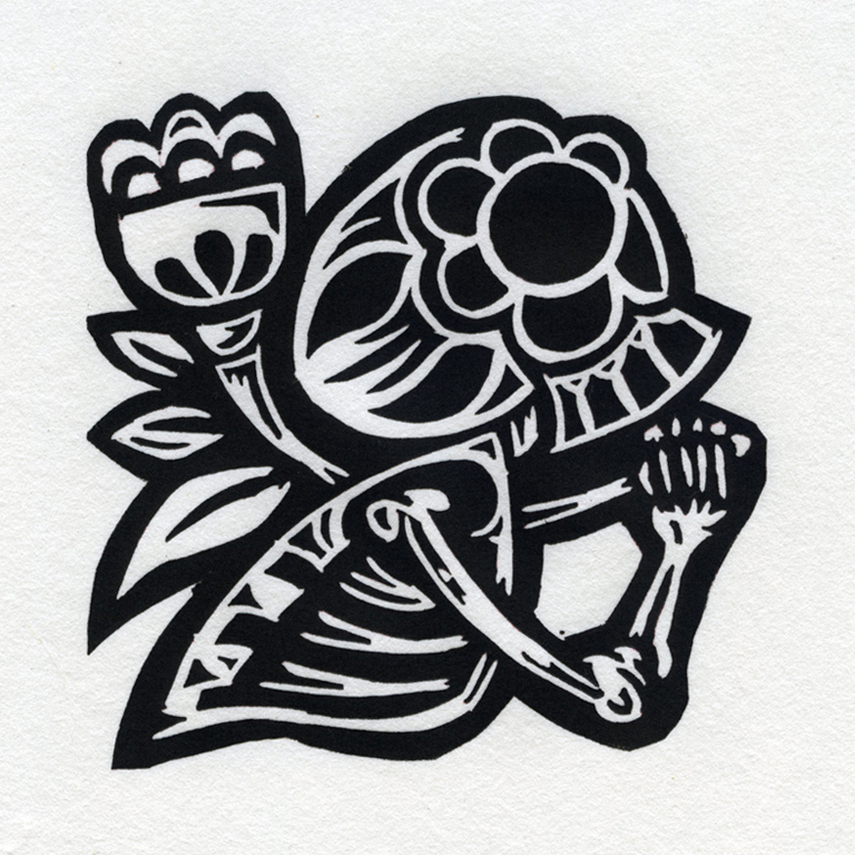 Skeleton with Flower contour cut black ink on white paper.