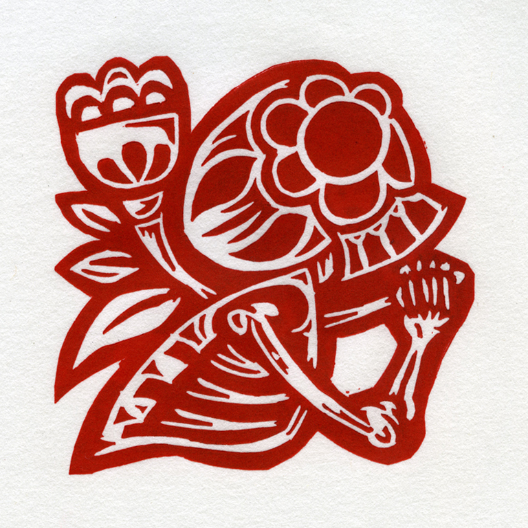 Skeleton with Flower contour cut red ink on white paper.
