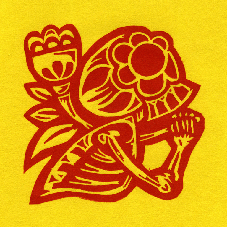 Skeleton with Flower contour cut red ink on yellow paper.